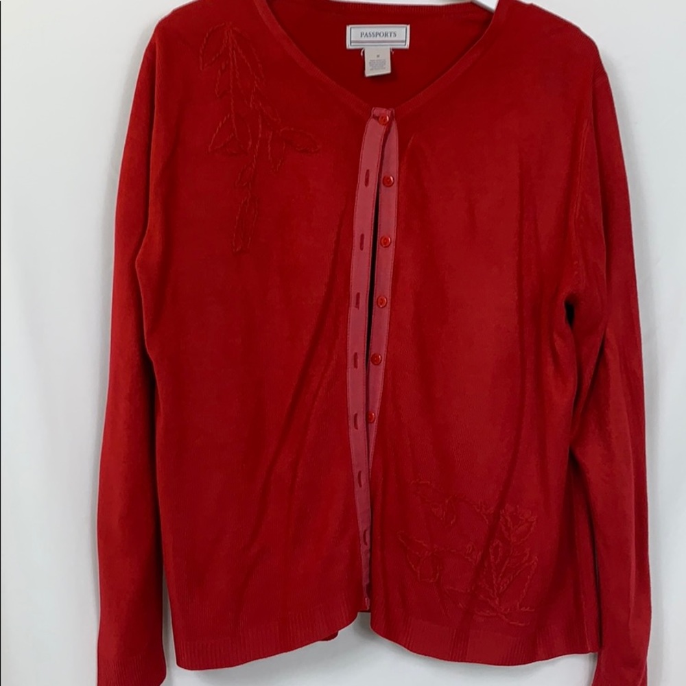 Passport red long sleeved cardigan sweater Med.